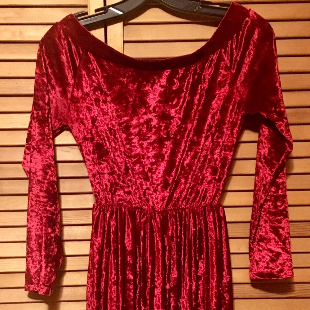Red crushed velvet off the shoulder dress.